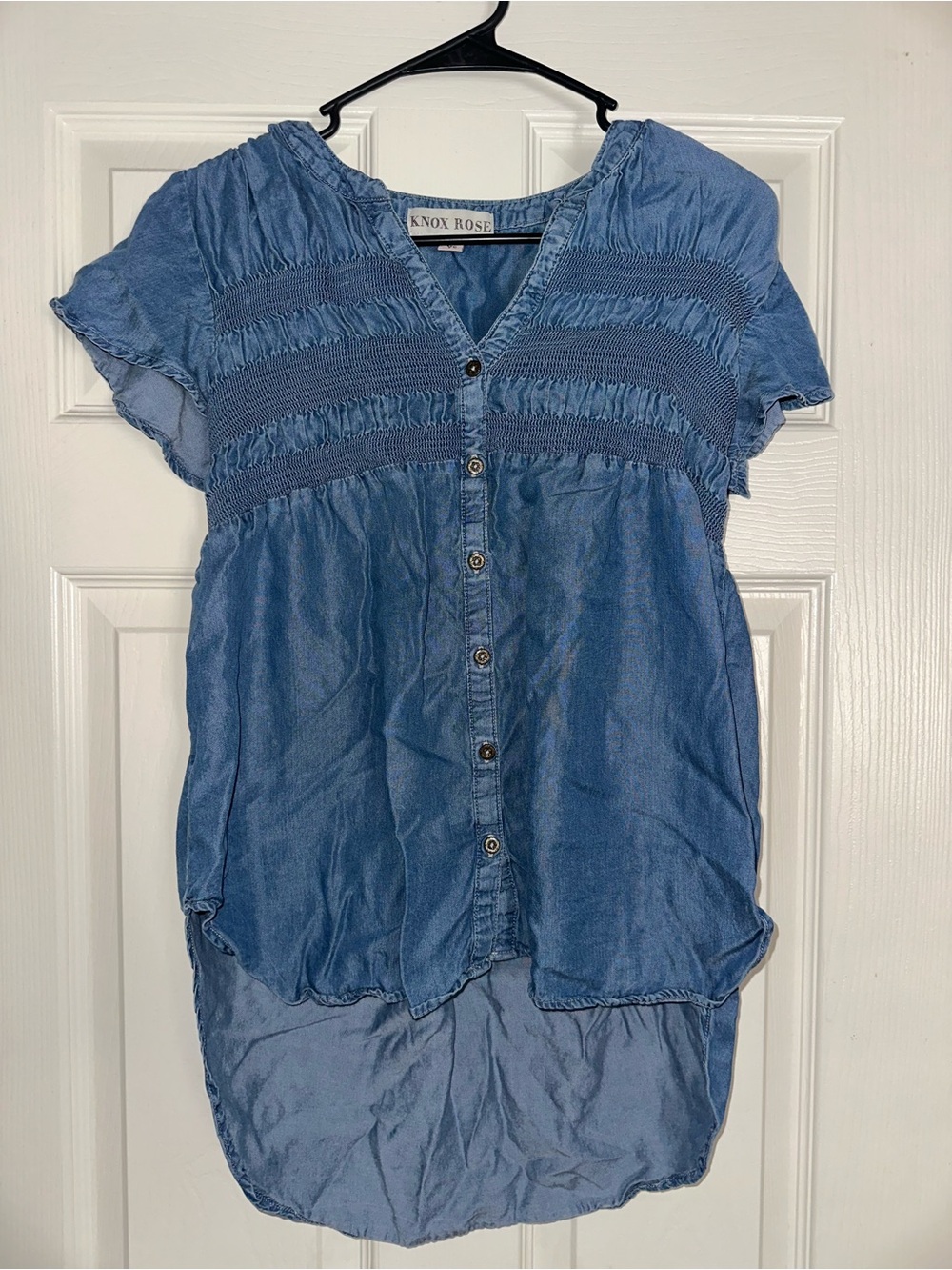 Knox Rose Dusty Blue Button-Front Smocked Blouse